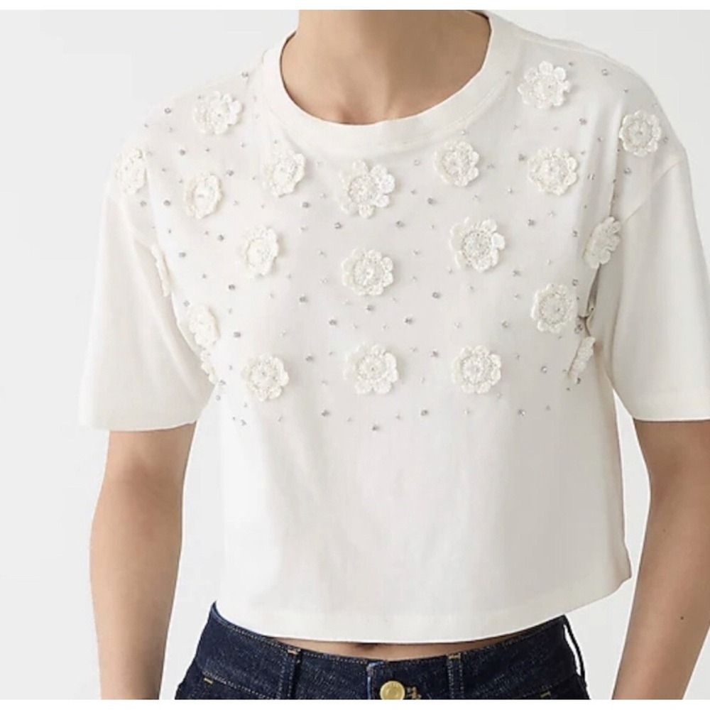 J. Crew Cropped Crochet Floral Jewel Appliqués T-Shirt In Ivory Size L